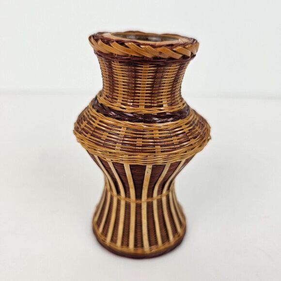 Shanghai Handicrafts Miniature Vase Woven Wicker Rattan Bamboo Basket Vtg Label - Picture 1 of 9